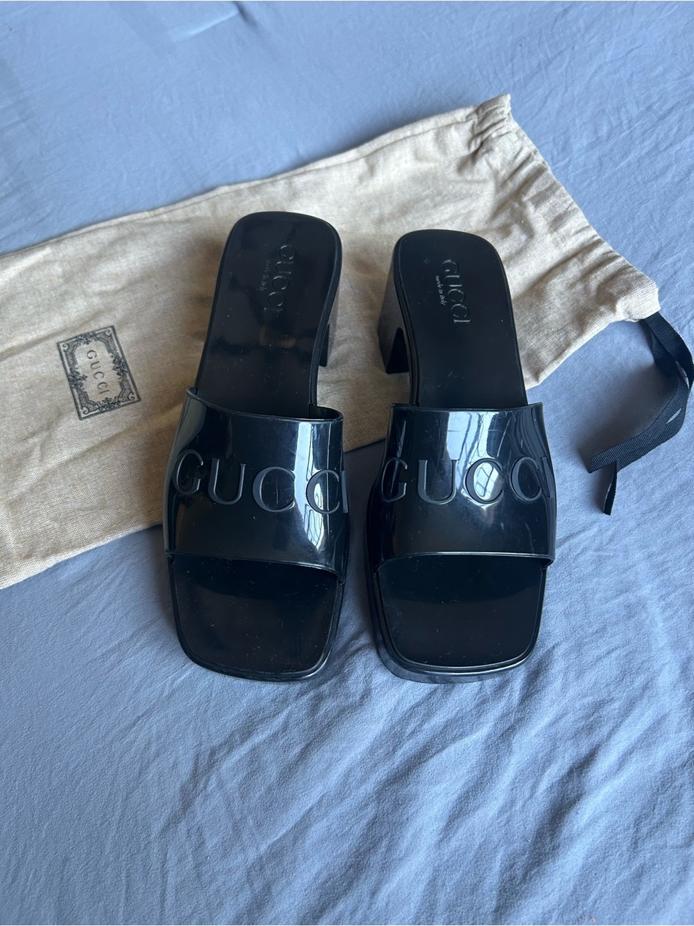 Gucci Black Patent Rubber Logo Slide Mules - Sz 6 (36)